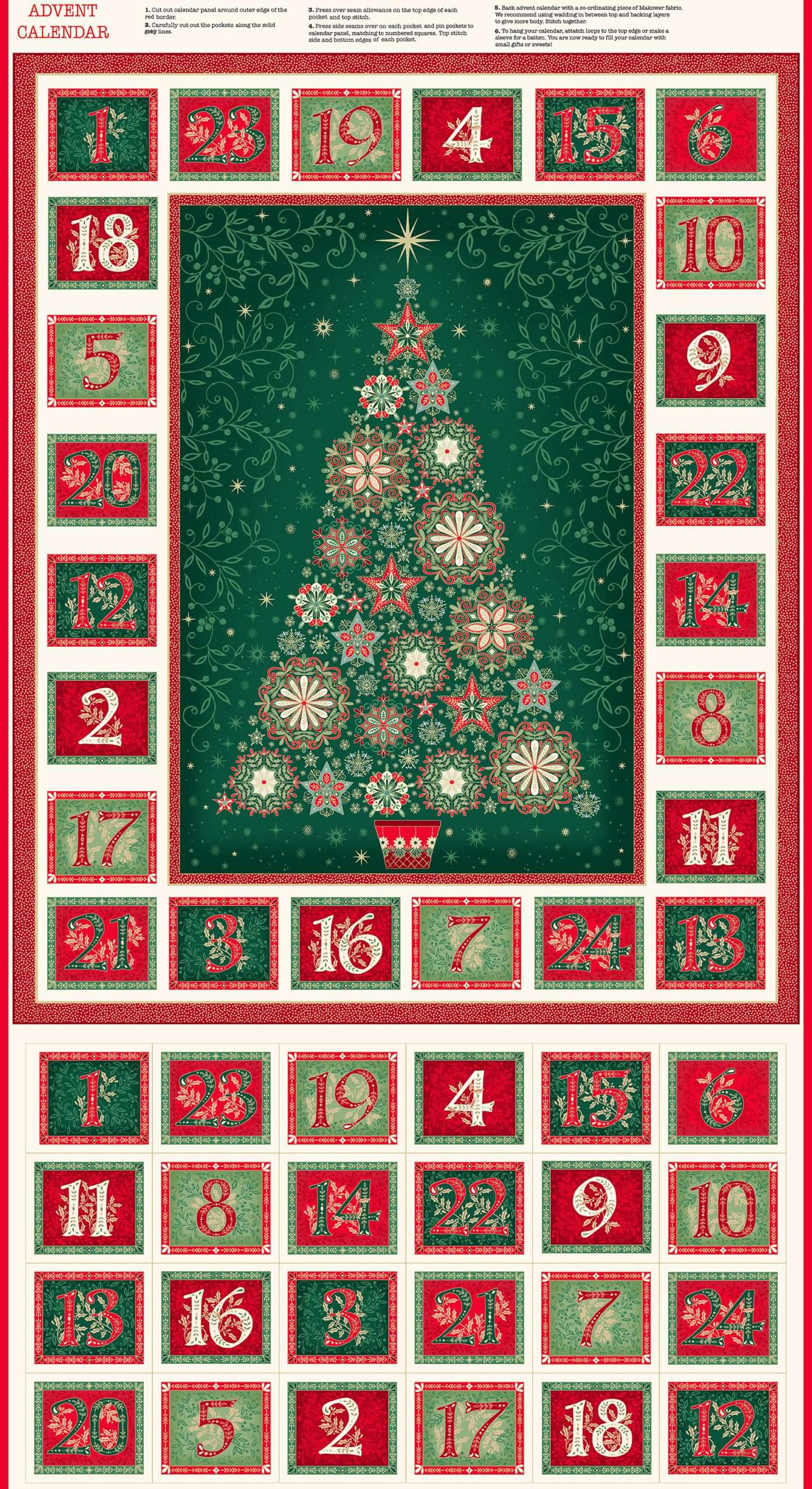 Advent calendar with a Christmas tree design and numbered squares.