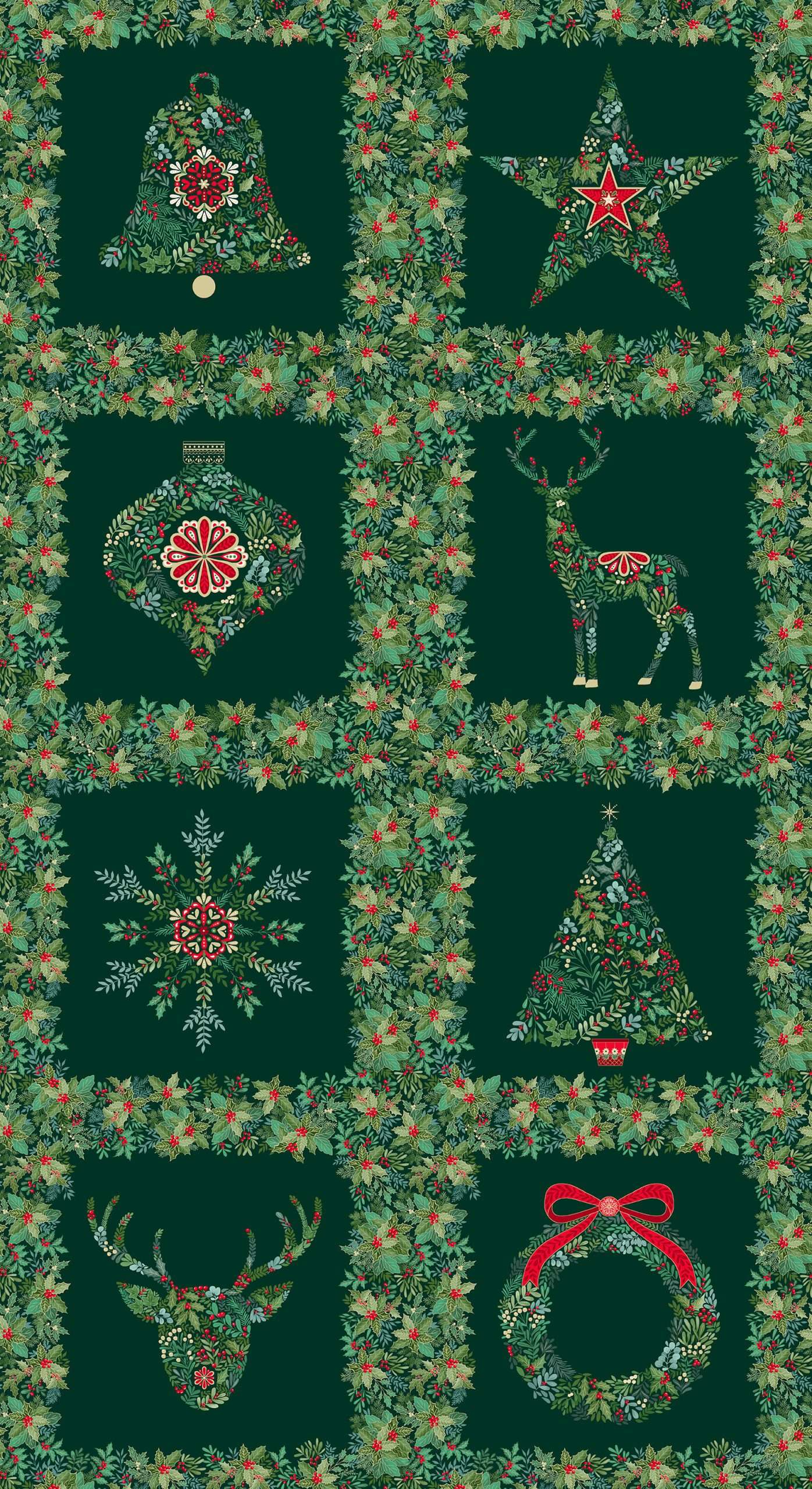 Christmas-themed pattern with reindeer, stars, and ornaments on a green background