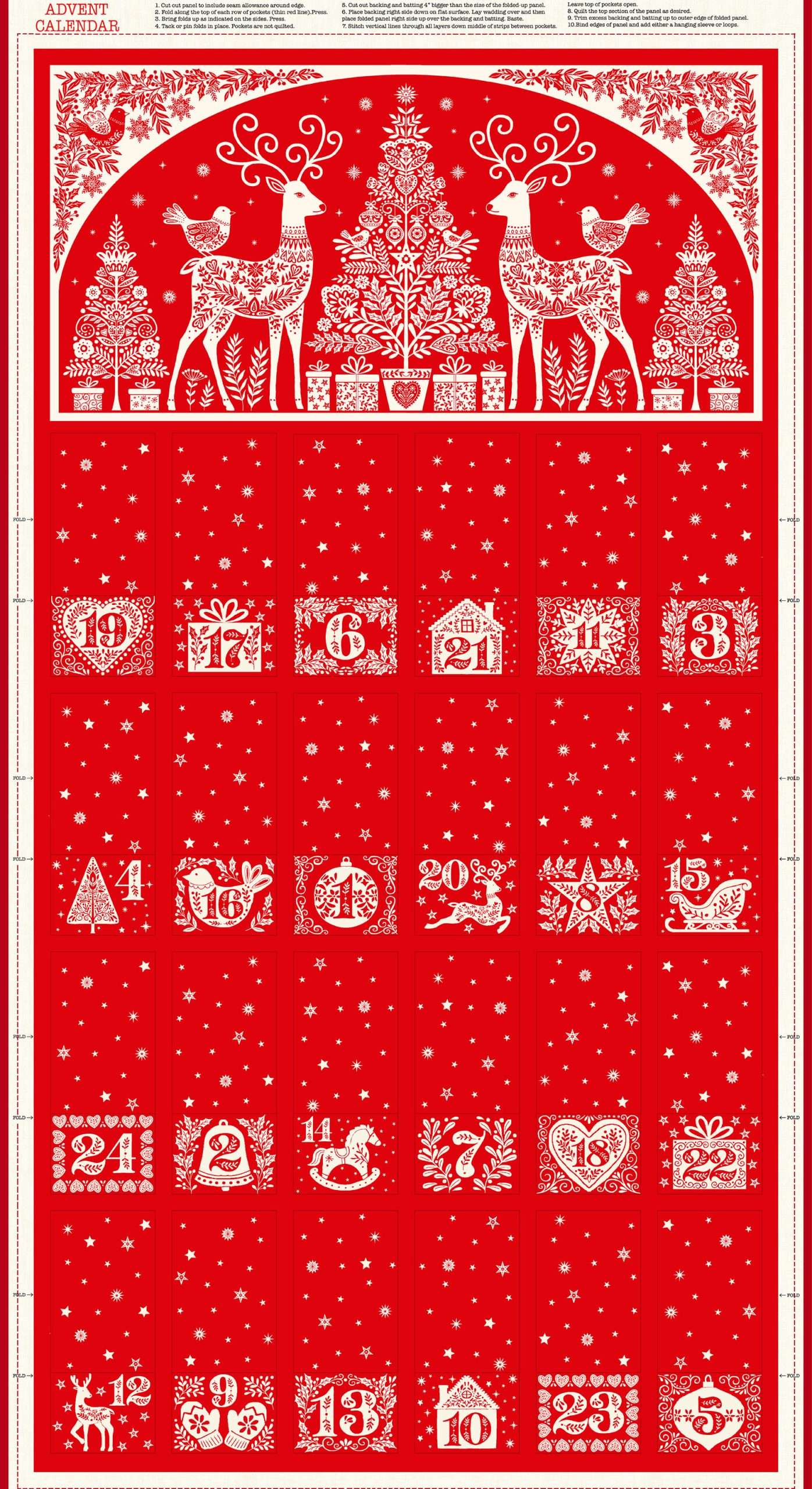 Red advent calendar with white Christmas-themed designs on a white background