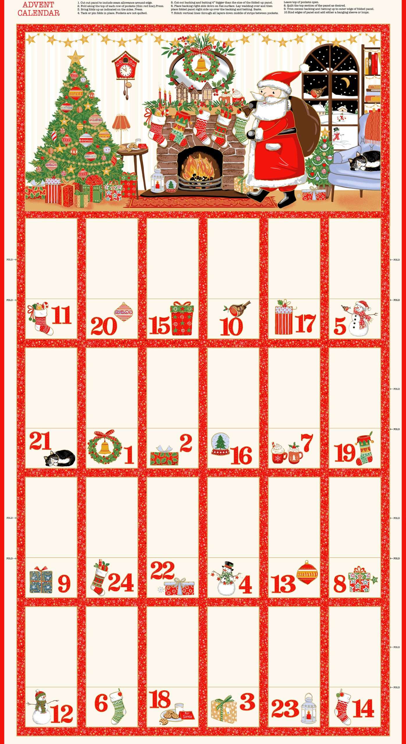 Christmas advent calendar with Santa Claus and festive scenes on a white background