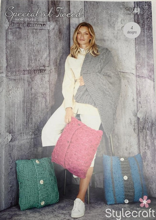 Blanket & Cushions Knitting Pattern in Special XL Tweed Super Chunky (4 designs)