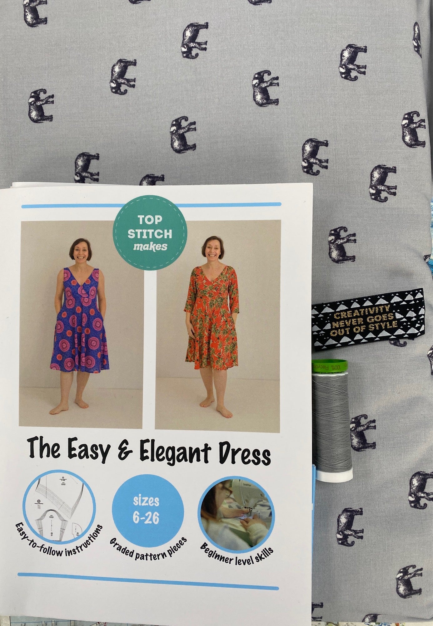 Complete Dress Making Kit - Easy and Elegant Dress (Grey Elephants)