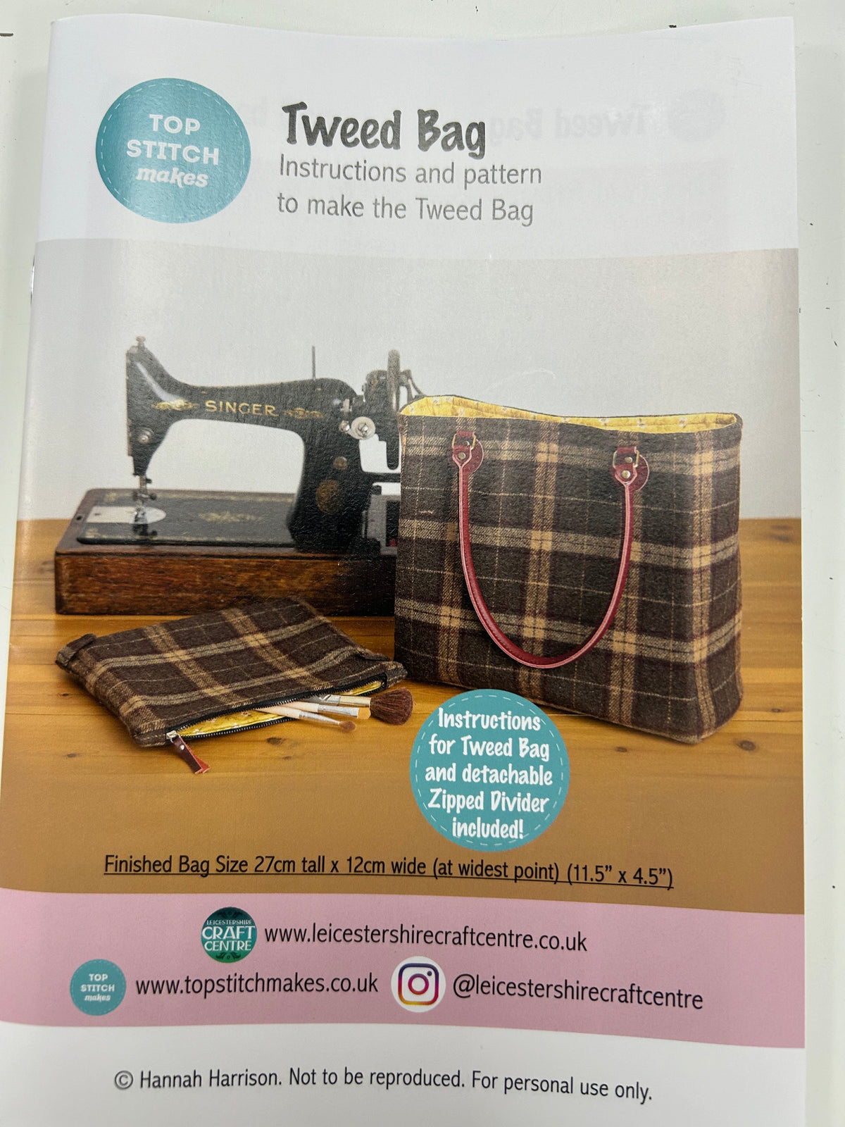 Top Stitch Makes - Tweed Bag Making Pattern - Plus bonus downloadable pattern for a detachable zipped pouch