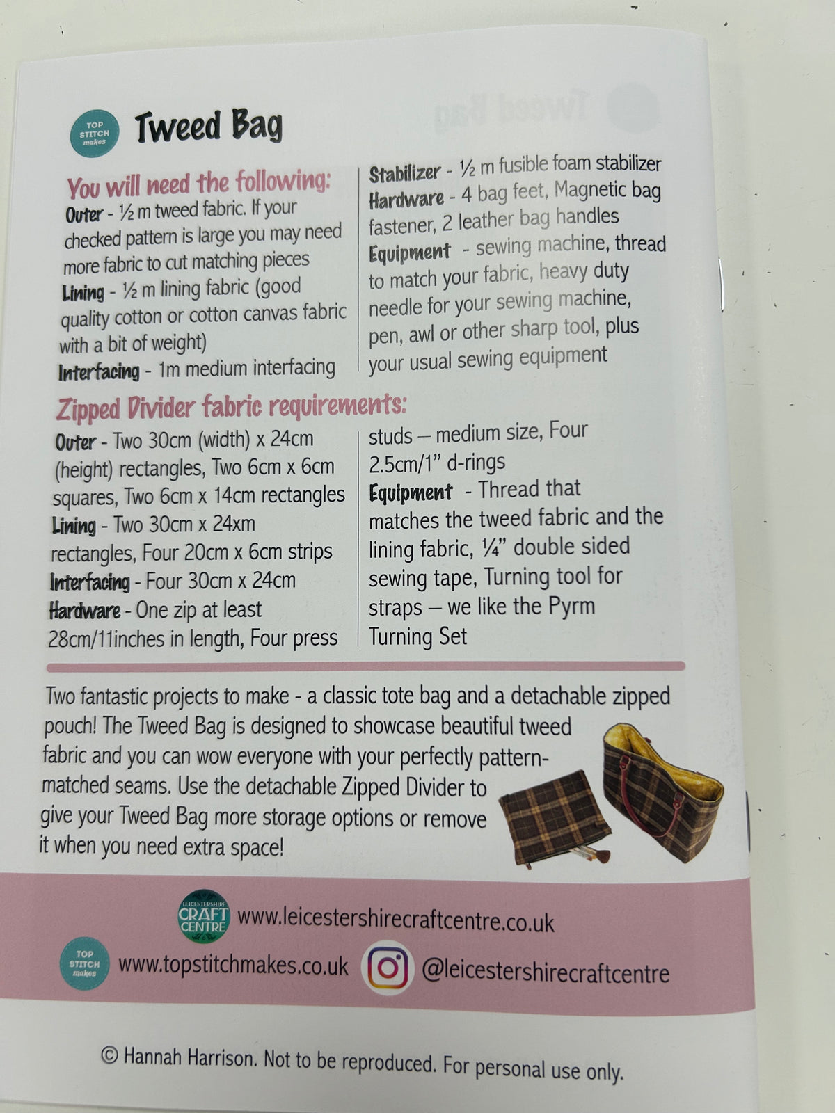 Top Stitch Makes - Tweed Bag Making Pattern - Plus bonus downloadable pattern for a detachable zipped pouch