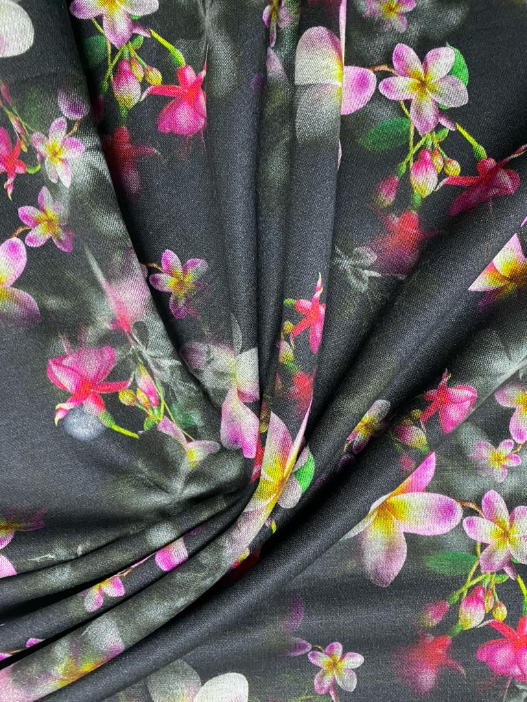 Floral Viscose Ponte Roma (Black)