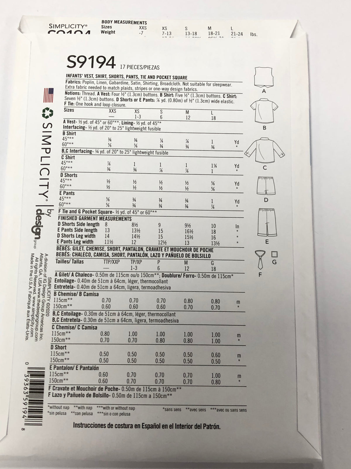 Boys outfit Pattern - (Simplicity 9194) - Trousers/Shorts, Waistcoat, Tie and Shirt