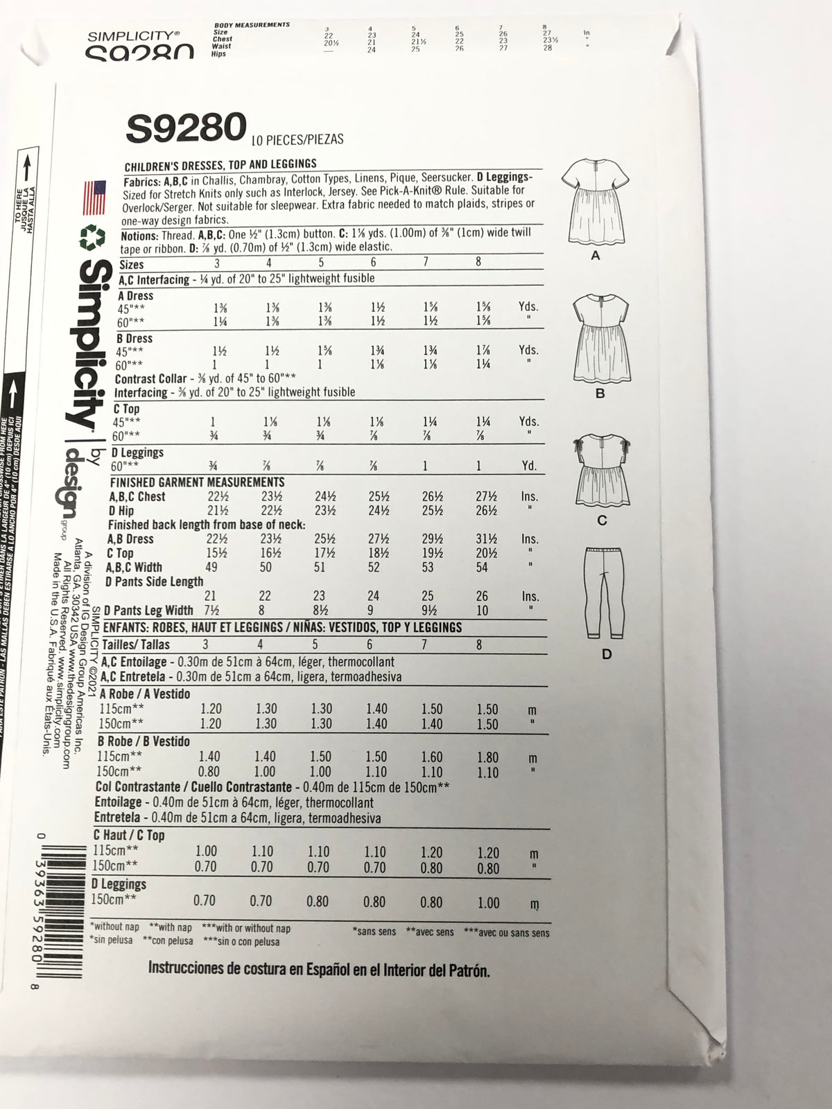 Simplicity S9280 - Girls Dress, Top & Leggings