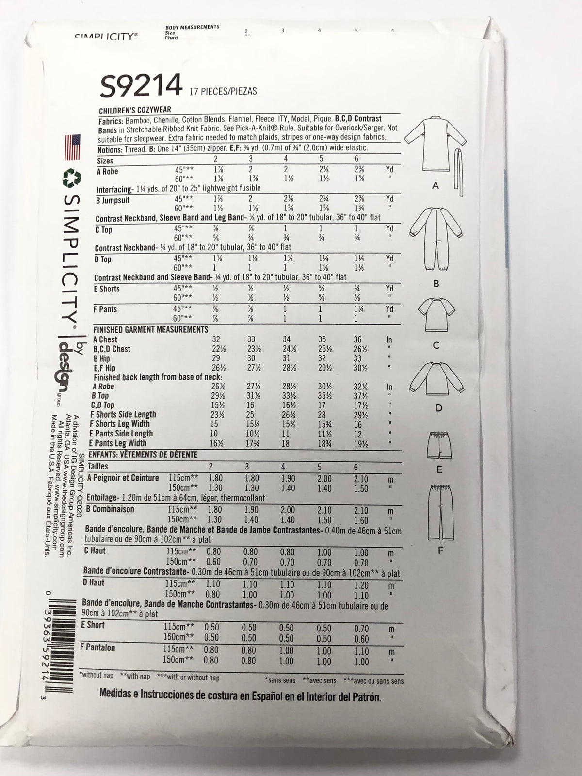 Simplicity S9214 - Child's Dressing Gown, Onesie, Pyjama Set