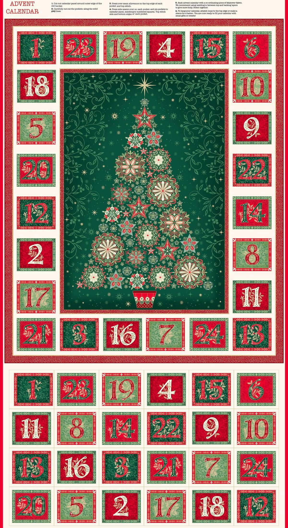 Advent calendar with a Christmas tree design and numbered squares.