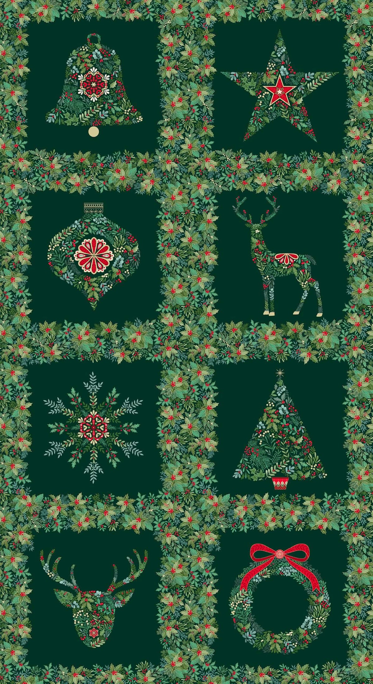 Christmas-themed pattern with reindeer, stars, and ornaments on a green background