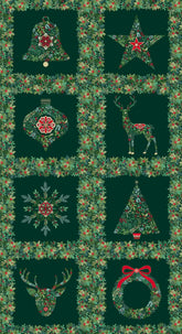 Christmas-themed pattern with reindeer, stars, and ornaments on a green background