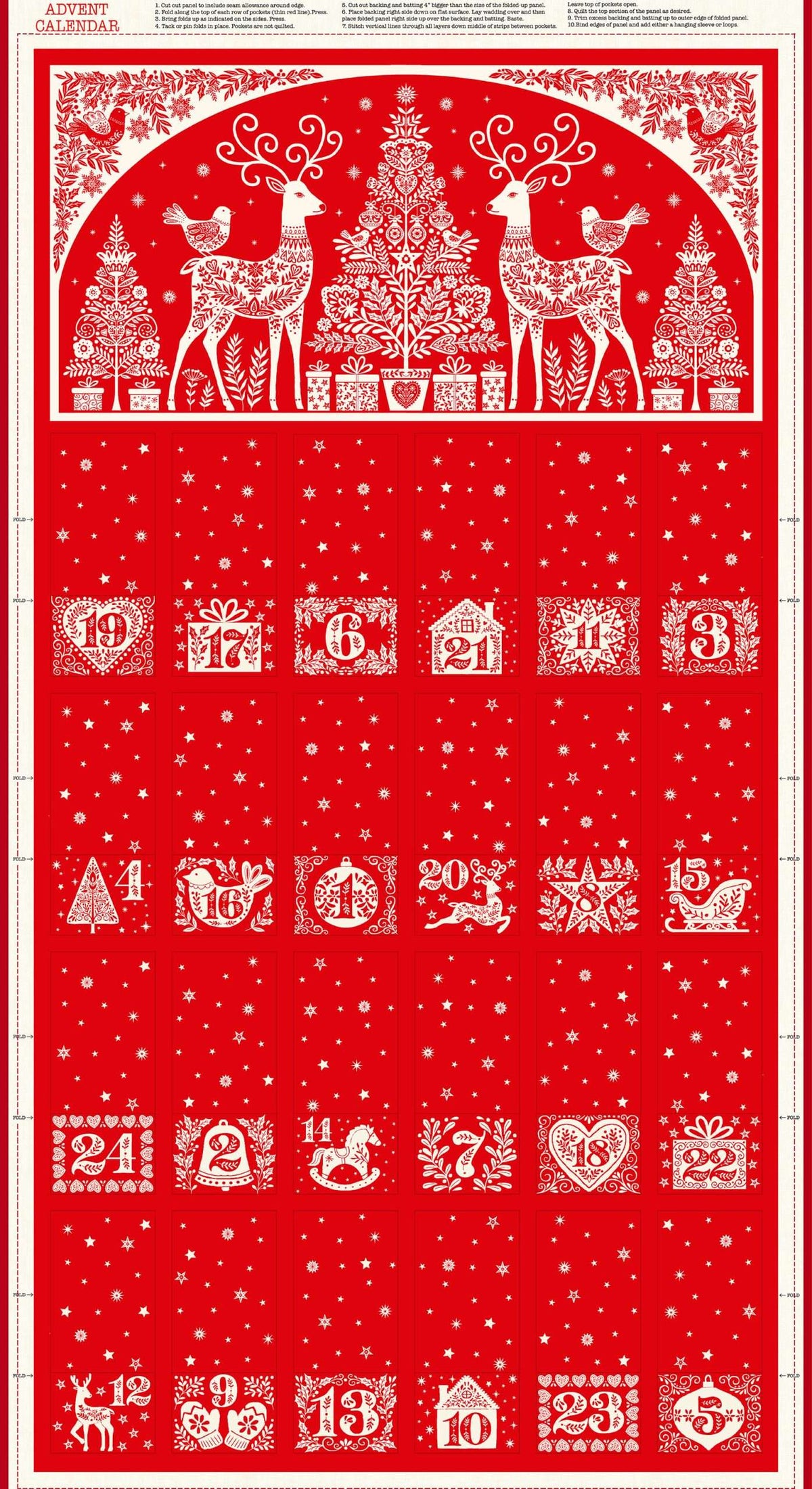Red advent calendar with white Christmas-themed designs on a white background