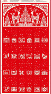 Red advent calendar with white Christmas-themed designs on a white background