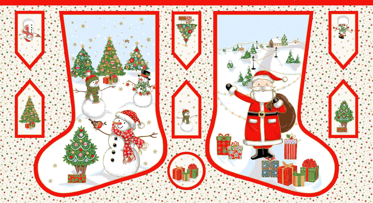 Christmas-themed fabric panel with Santa Claus, snowman, and trees on a white background.