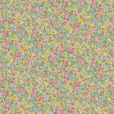 Floral pattern with pink, yellow, and blue flowers on a green background