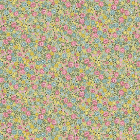 Floral pattern with pink, yellow, and blue flowers on a green background