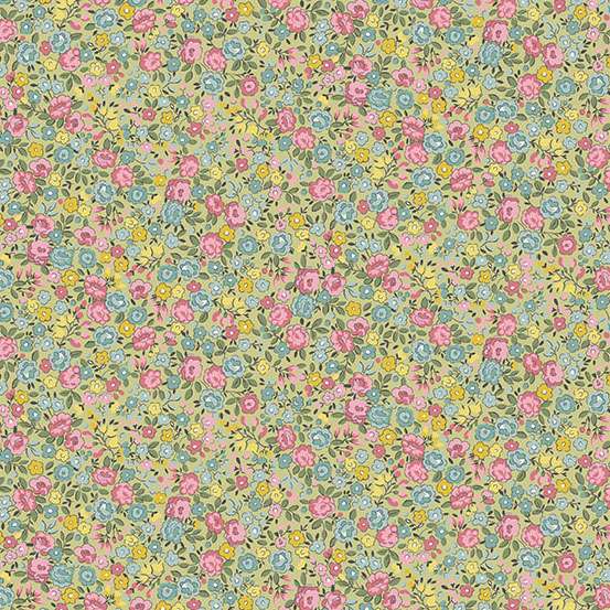 Floral pattern with pink, yellow, and blue flowers on a green background