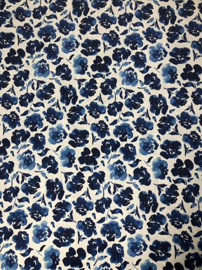 Linen Viscose Blend (Blue Floral on a White Background)