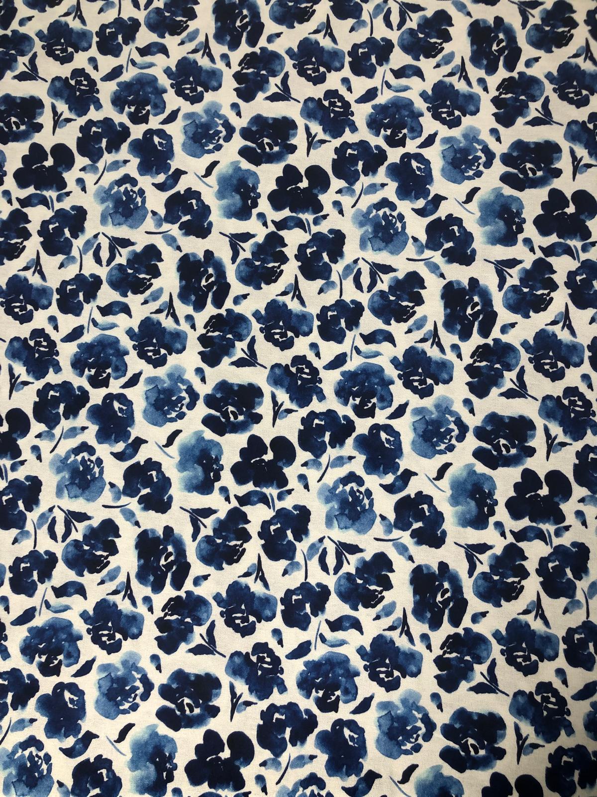 Linen Viscose Blend (Blue Floral on a White Background)